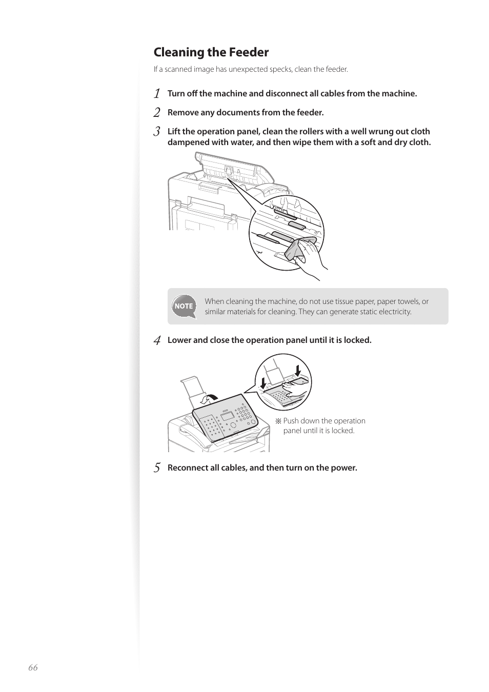 Cleaning the feeder, Cleaning the feeder ………………………………………………… 66 | Canon FAXPHONE L100 User Manual | Page 66 / 96