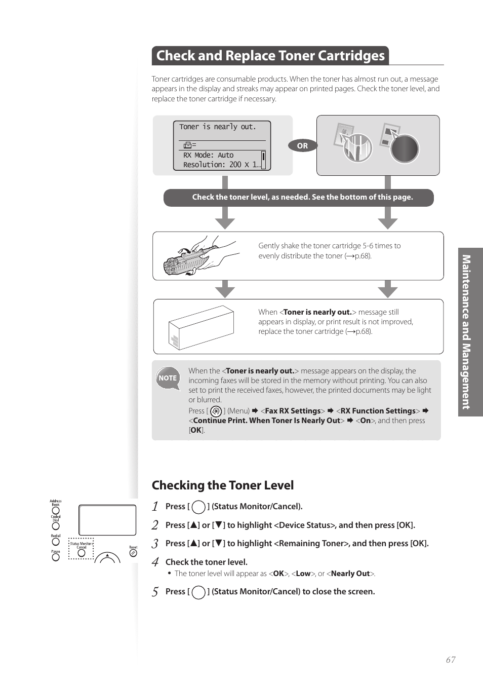 Check and replace toner cartridges, Checking the toner level, Checking the toner level …………………………………………… 67 | Canon FAXPHONE L100 User Manual | Page 67 / 96