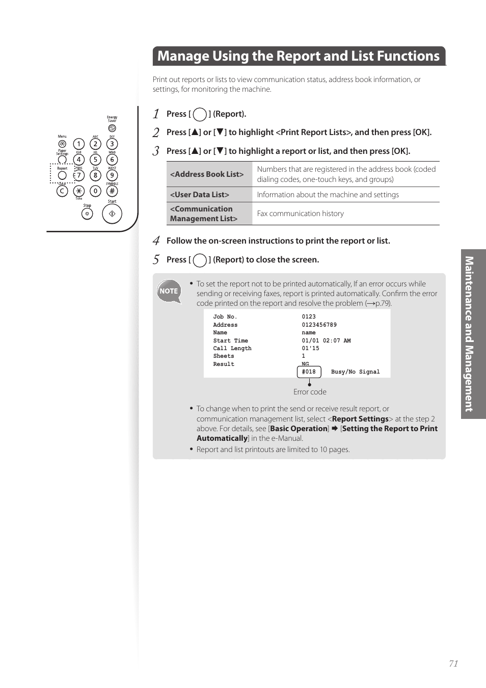 Manage using the report and list functions, P.71) | Canon FAXPHONE L100 User Manual | Page 71 / 96