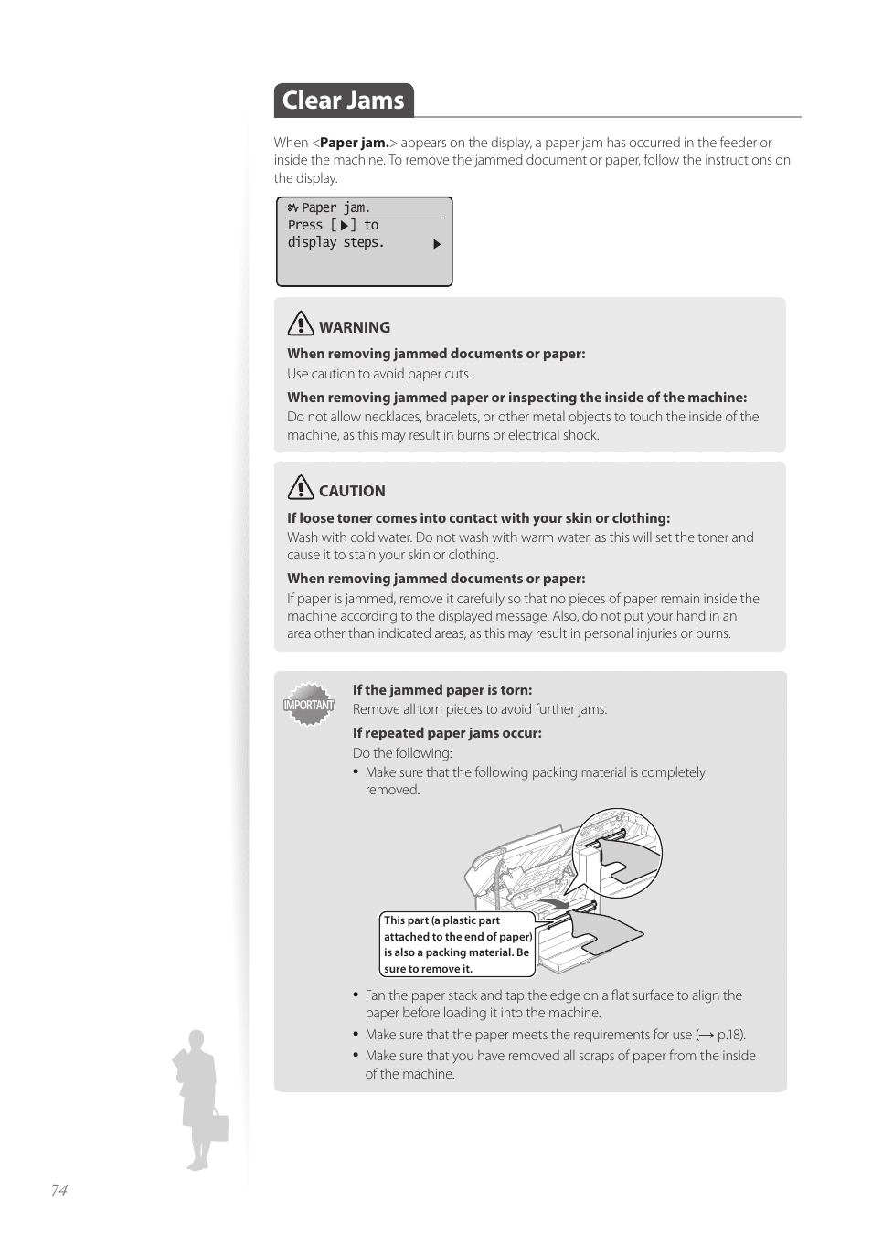 Clear jams, Clear jams …………………………………………………………… 74 | Canon FAXPHONE L100 User Manual | Page 74 / 96