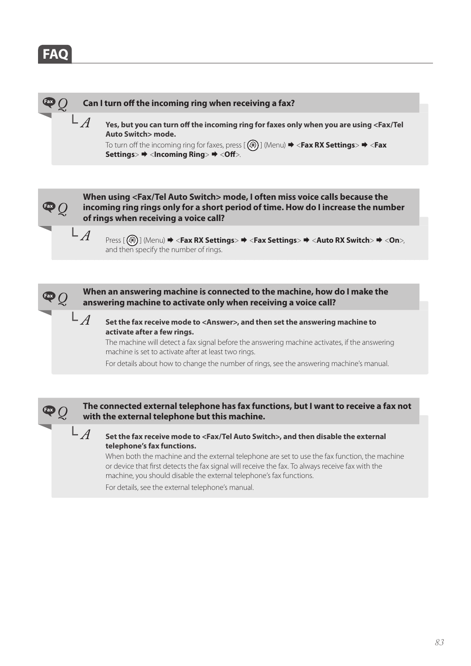 Faq …………………………………………………………………… 83, P.83 | Canon FAXPHONE L100 User Manual | Page 83 / 96