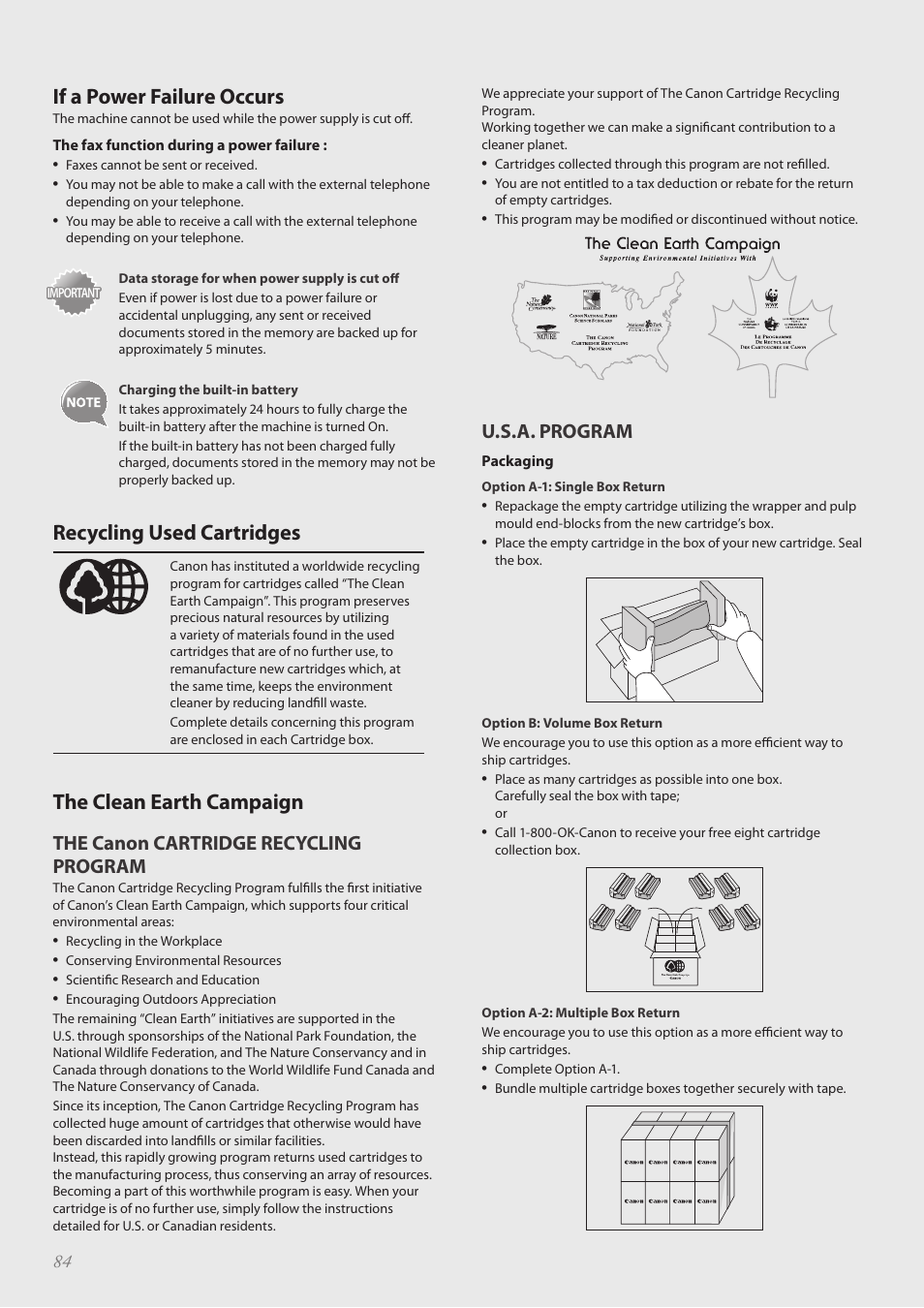 If a power failure occurs, Recycling used cartridges, The clean earth campaign | The canon cartridge recycling program, U.s.a. program | Canon FAXPHONE L100 User Manual | Page 84 / 96