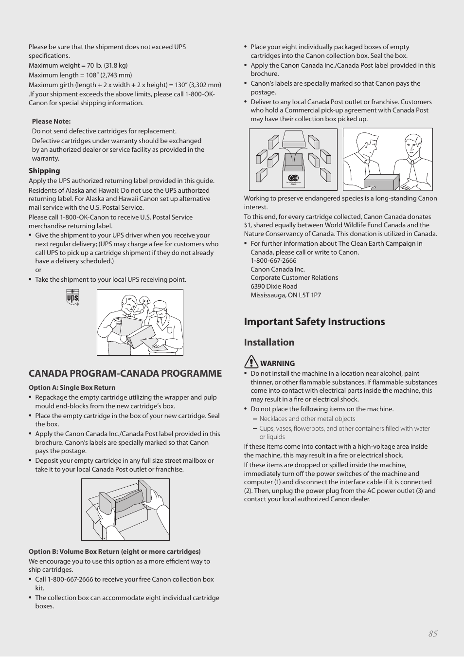 Important safety instructions, Important safety instructions ……………………………………… 85, Canada program-canada programme | Installation | Canon FAXPHONE L100 User Manual | Page 85 / 96