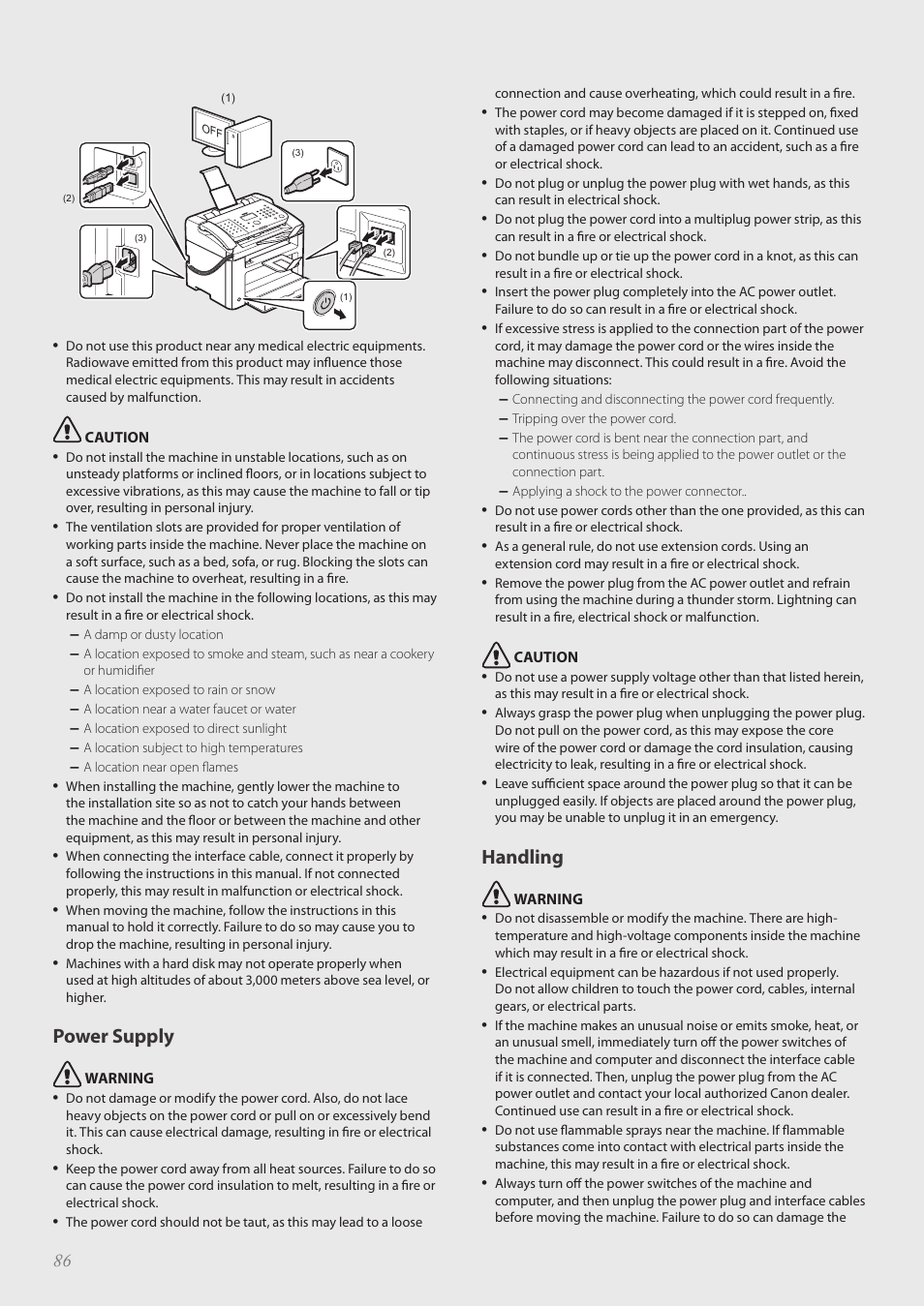 Power supply, Handling | Canon FAXPHONE L100 User Manual | Page 86 / 96