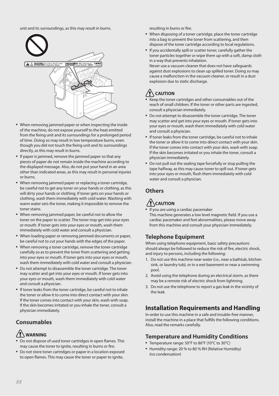 Installation requirements and handling, Consumables, Others | Telephone equipment, Temperature and humidity conditions | Canon FAXPHONE L100 User Manual | Page 88 / 96