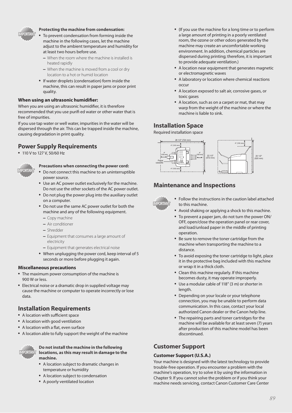 Power supply requirements, Installation requirements, Installation space | Maintenance and inspections, Customer support | Canon FAXPHONE L100 User Manual | Page 89 / 96