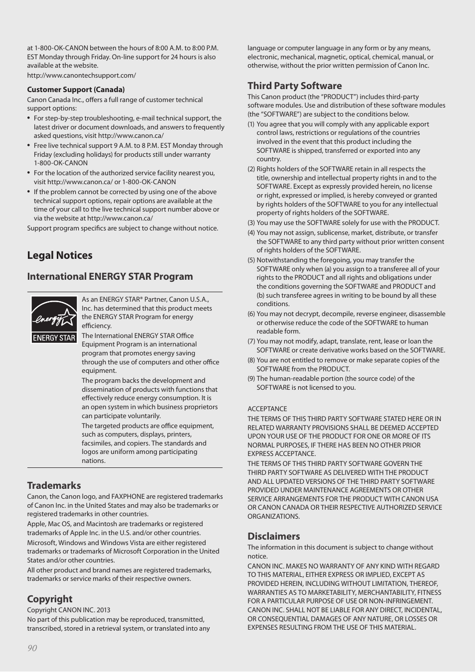 Legal notices, Legal notices ………………………………………………………… 90, International energy star program | Trademarks, Copyright, Third party software, Disclaimers | Canon FAXPHONE L100 User Manual | Page 90 / 96