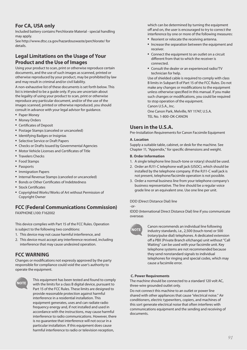 For ca, usa only, Fcc (federal communications commission), Fcc warning | Users in the u.s.a | Canon FAXPHONE L100 User Manual | Page 91 / 96