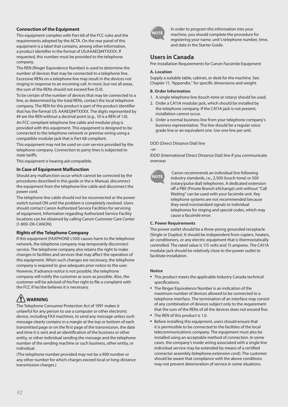 Users in canada | Canon FAXPHONE L100 User Manual | Page 92 / 96