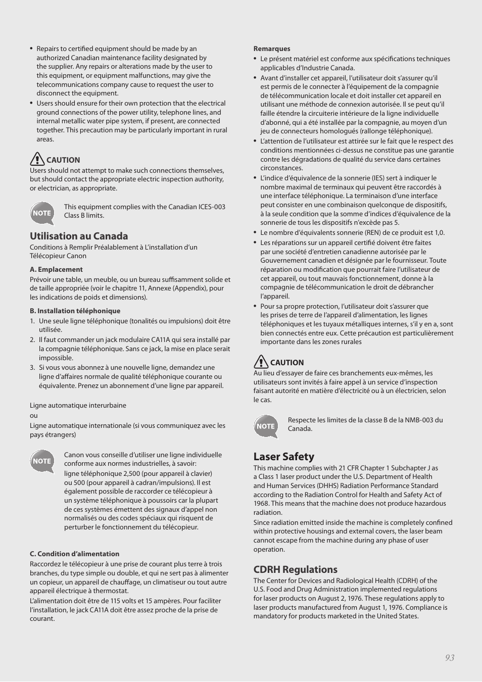 Laser safety, Laser safety …………………………………………………………… 93, Utilisation au canada | Cdrh regulations | Canon FAXPHONE L100 User Manual | Page 93 / 96