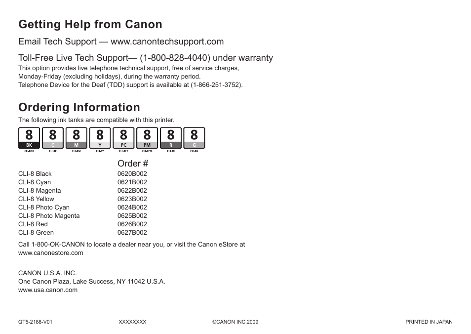 Getting help from canon, Ordering information, Order | Canon PIXMA Pro9000 Mark II User Manual | Page 36 / 36