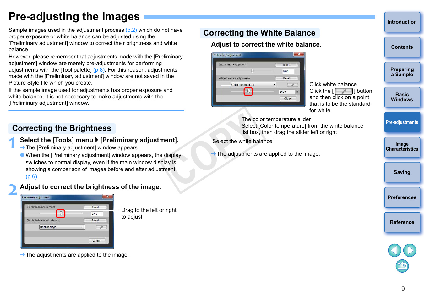 Pre-adjusting the images, Pre-adjustments, Correcting the brightness | Correcting the white balance, Cop y | Canon EOS Rebel T5i 18-55mm IS STM Lens Kit User Manual | Page 10 / 22