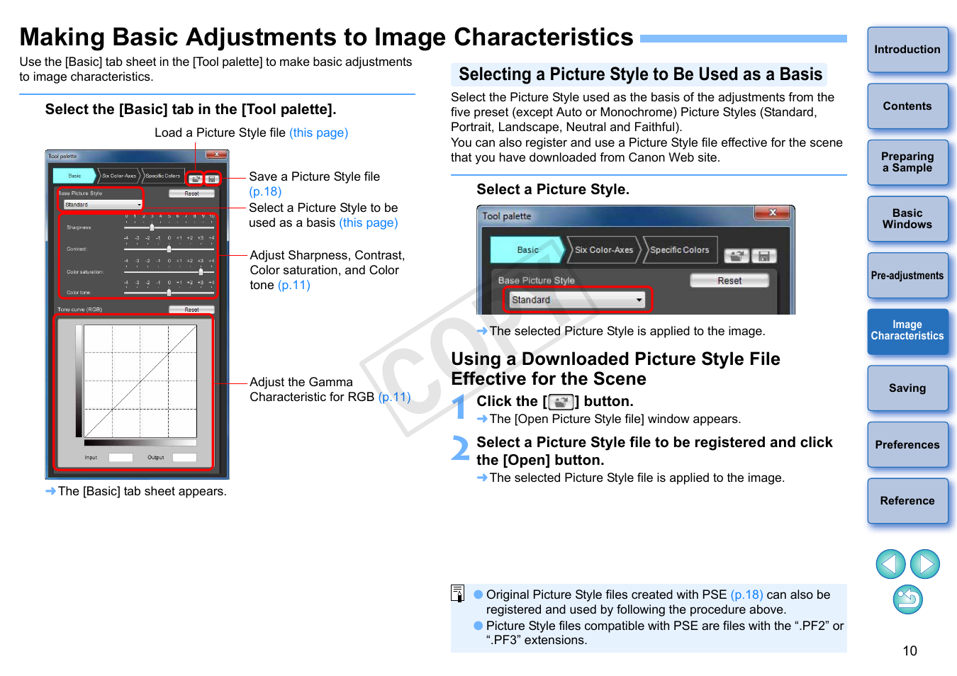 Making basic adjustments to image characteristics, Image, Characteristics | Selecting a picture style to be used as a basis, P.10), C op y | Canon EOS Rebel T5i 18-55mm IS STM Lens Kit User Manual | Page 11 / 22