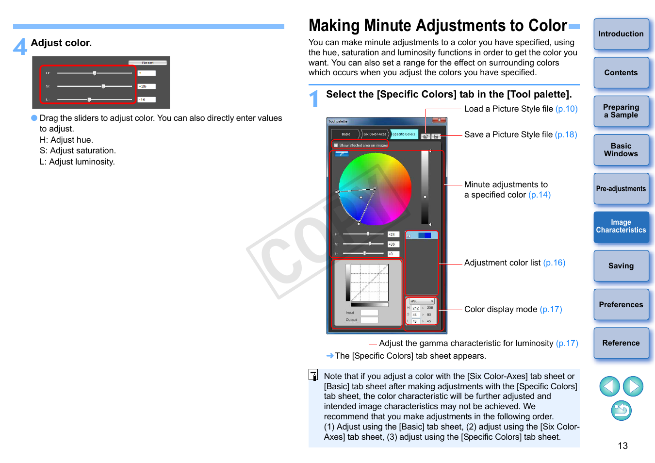 Making minute adjustments to color, P.13), Cop y | Canon EOS Rebel T5i 18-55mm IS STM Lens Kit User Manual | Page 14 / 22