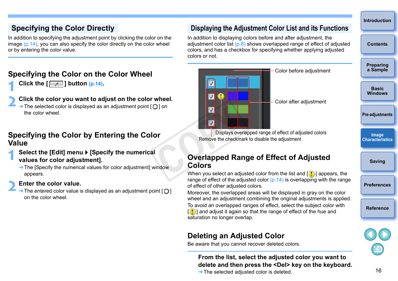 Specifying the color directly, Specifying the color on the color wheel, Specifying the color by entering the color value | Overlapped range of effect of adjusted colors, Deleting an adjusted color, P.16), Cop y | Canon EOS Rebel T5i 18-55mm IS STM Lens Kit User Manual | Page 17 / 22