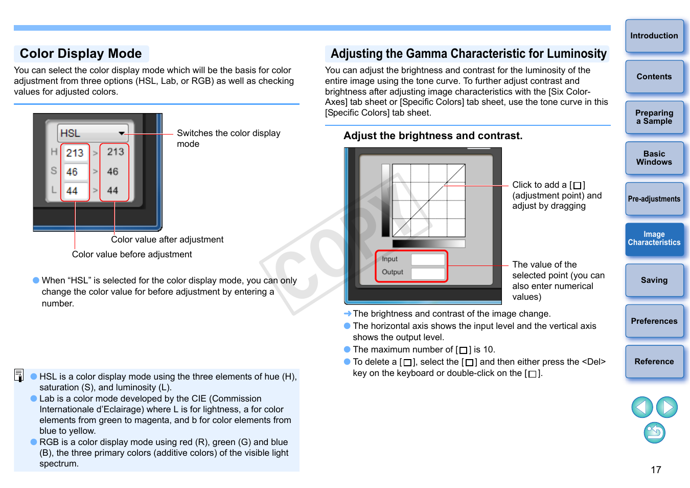 Color display mode, Adjusting the gamma characteristic for luminosity, P.17) | Cop y | Canon EOS Rebel T5i 18-55mm IS STM Lens Kit User Manual | Page 18 / 22