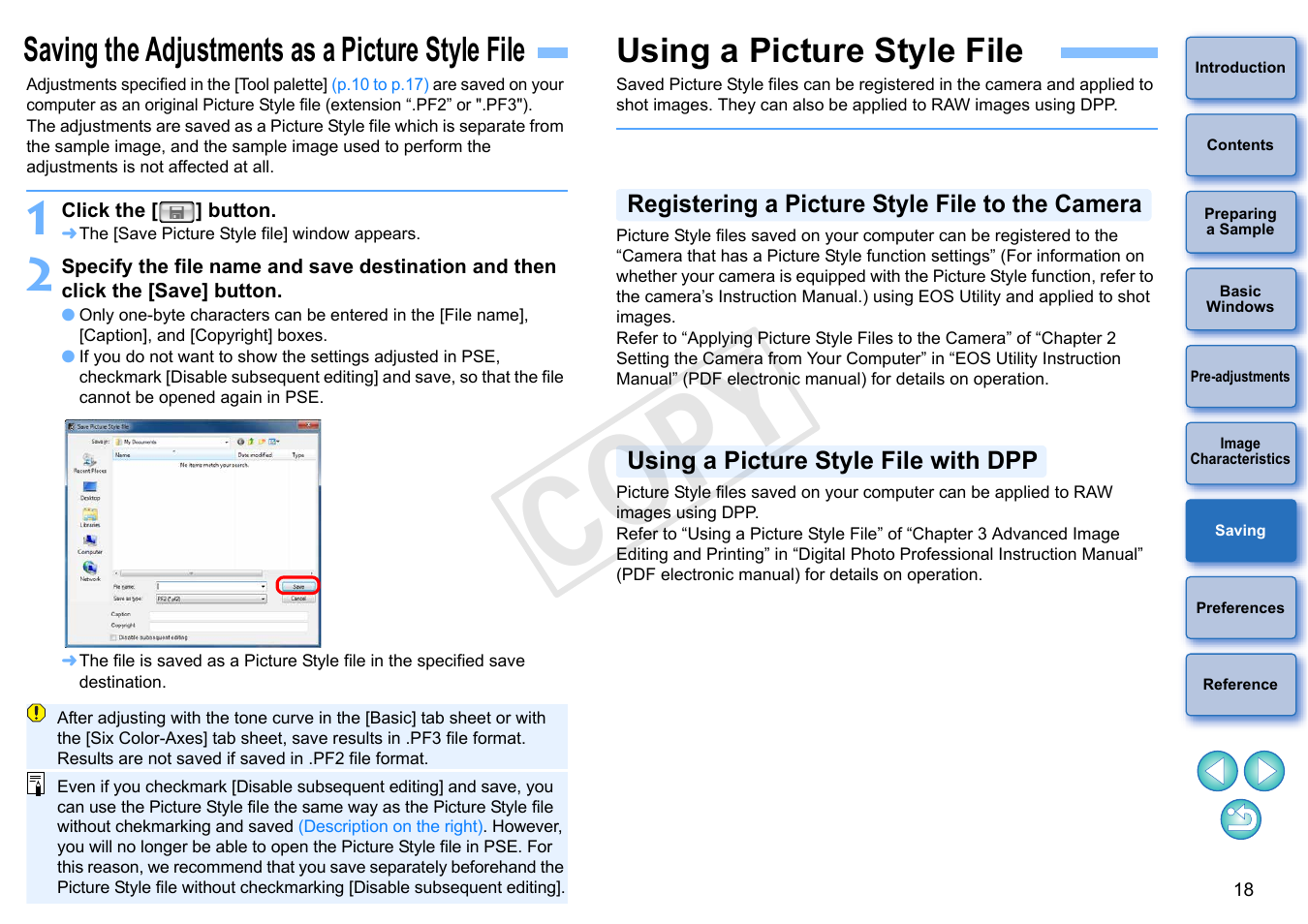 Saving the adjustments as a picture style file, Using a picture style file, Saving | Registering a picture style file to the camera, Using a picture style file with dpp, P.18), A picture style file, Cop y | Canon EOS Rebel T5i 18-55mm IS STM Lens Kit User Manual | Page 19 / 22