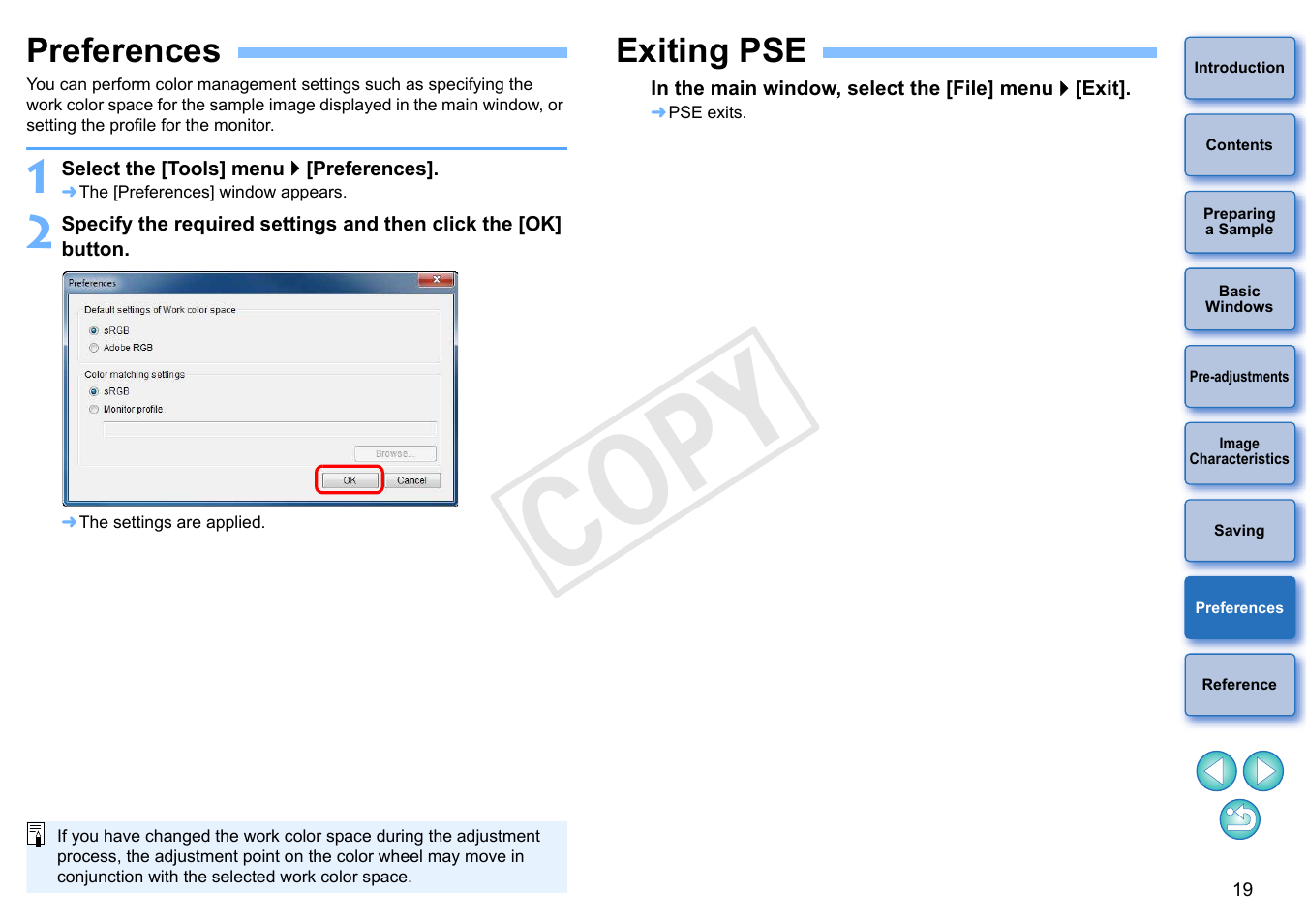 Preferences, Exiting pse, P.19) | Display, Cop y | Canon EOS Rebel T5i 18-55mm IS STM Lens Kit User Manual | Page 20 / 22