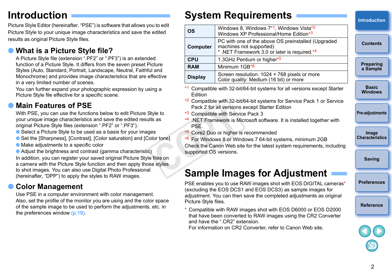 Introduction, System requirements, Sample images for adjustment | Cop y, What is a picture style file, Main features of pse, Color management | Canon EOS Rebel T5i 18-55mm IS STM Lens Kit User Manual | Page 3 / 22