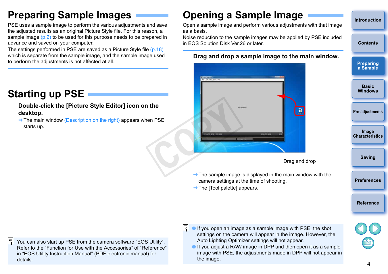 Preparing sample images, Starting up pse, Opening a sample image | Preparing, A sample, Cop y | Canon EOS Rebel T5i 18-55mm IS STM Lens Kit User Manual | Page 5 / 22