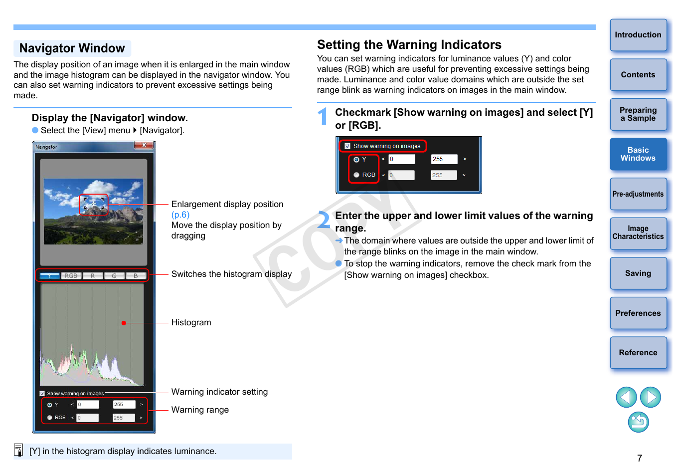 Navigator window, Setting the warning indicators, Sition | P.7), Cop y | Canon EOS Rebel T5i 18-55mm IS STM Lens Kit User Manual | Page 8 / 22