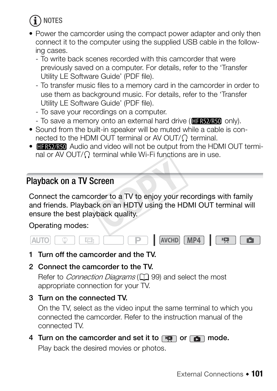 Playback on a tv screen, 101 playback on a tv screen, Cop y | Canon VIXIA HF R52 User Manual | Page 101 / 200