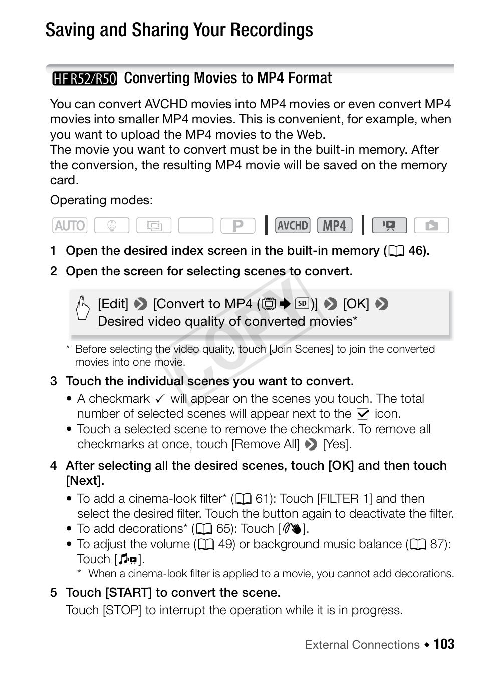 Saving and sharing your recordings, Hf r52/r50> converting movies to mp4 format, 103 saving and sharing your recordings | B converting movies to mp4 format, Cop y | Canon VIXIA HF R52 User Manual | Page 103 / 200