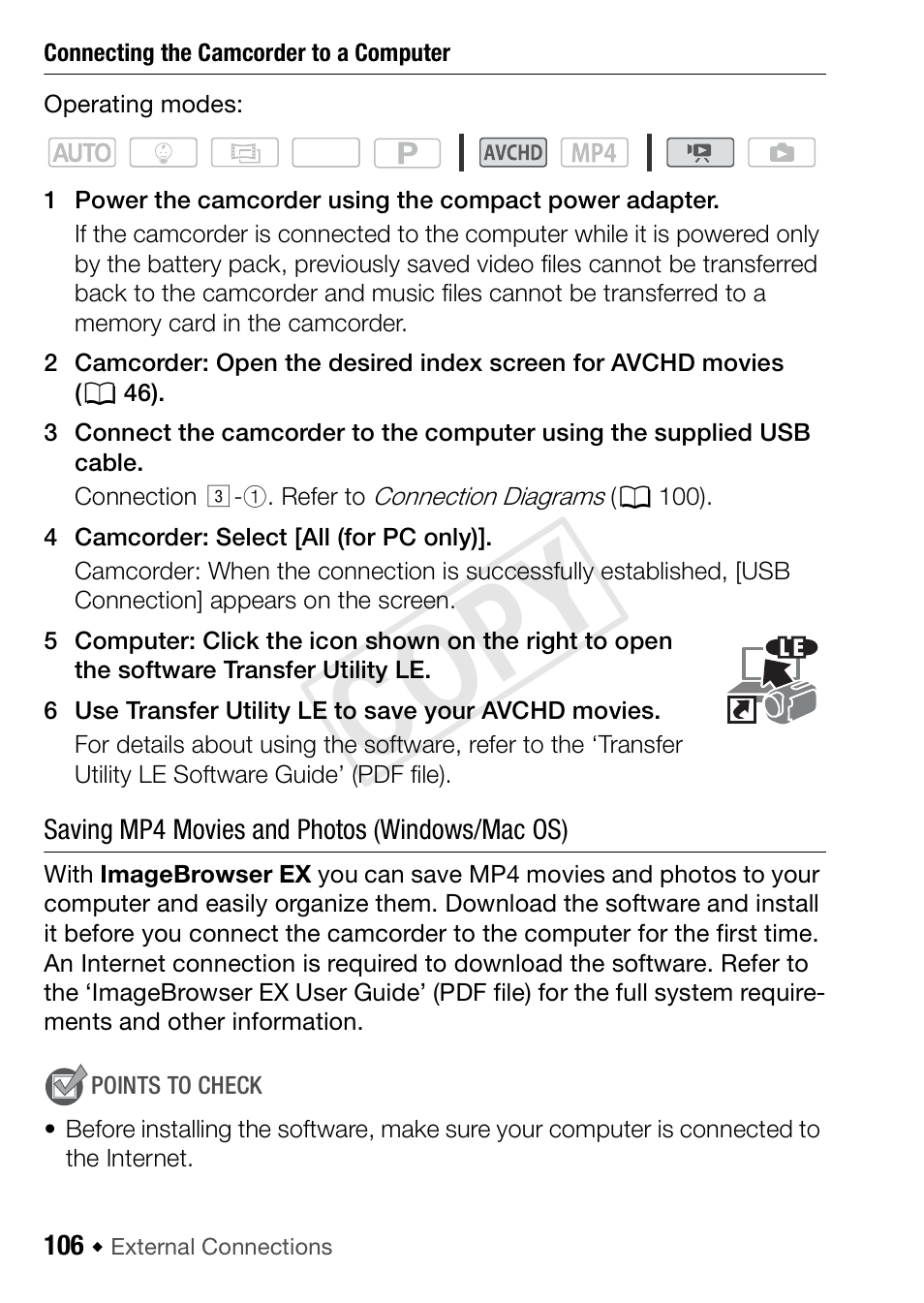 Saving mp4 movies and photos (windows/mac os), Cop y | Canon VIXIA HF R52 User Manual | Page 106 / 200