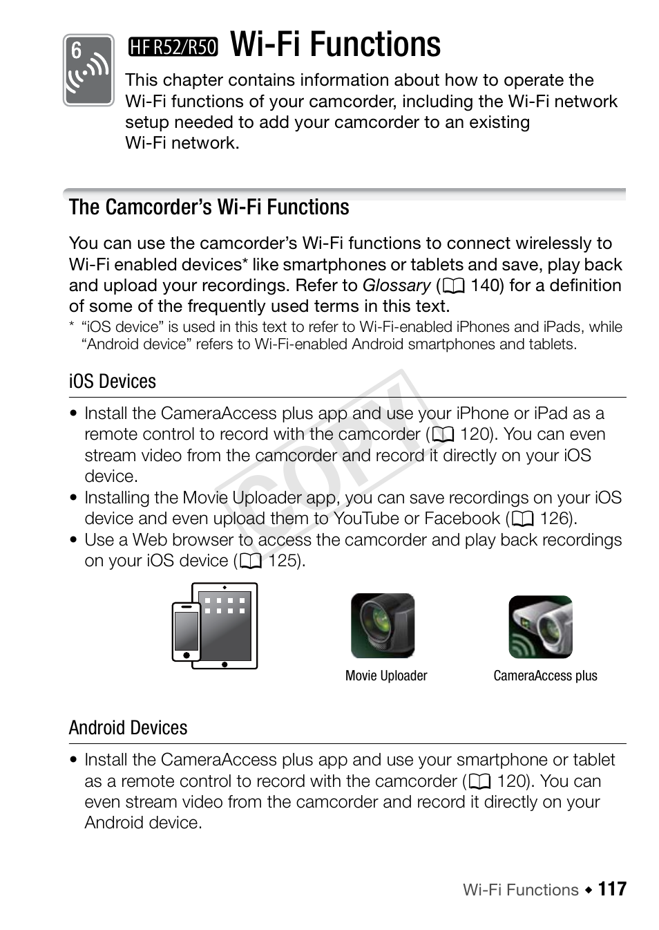 <hf r52/r50> wi-fi functions, The camcorder’s wi-fi functions, B wi-fi functions | Cop y, Wi-fi functions | Canon VIXIA HF R52 User Manual | Page 117 / 200