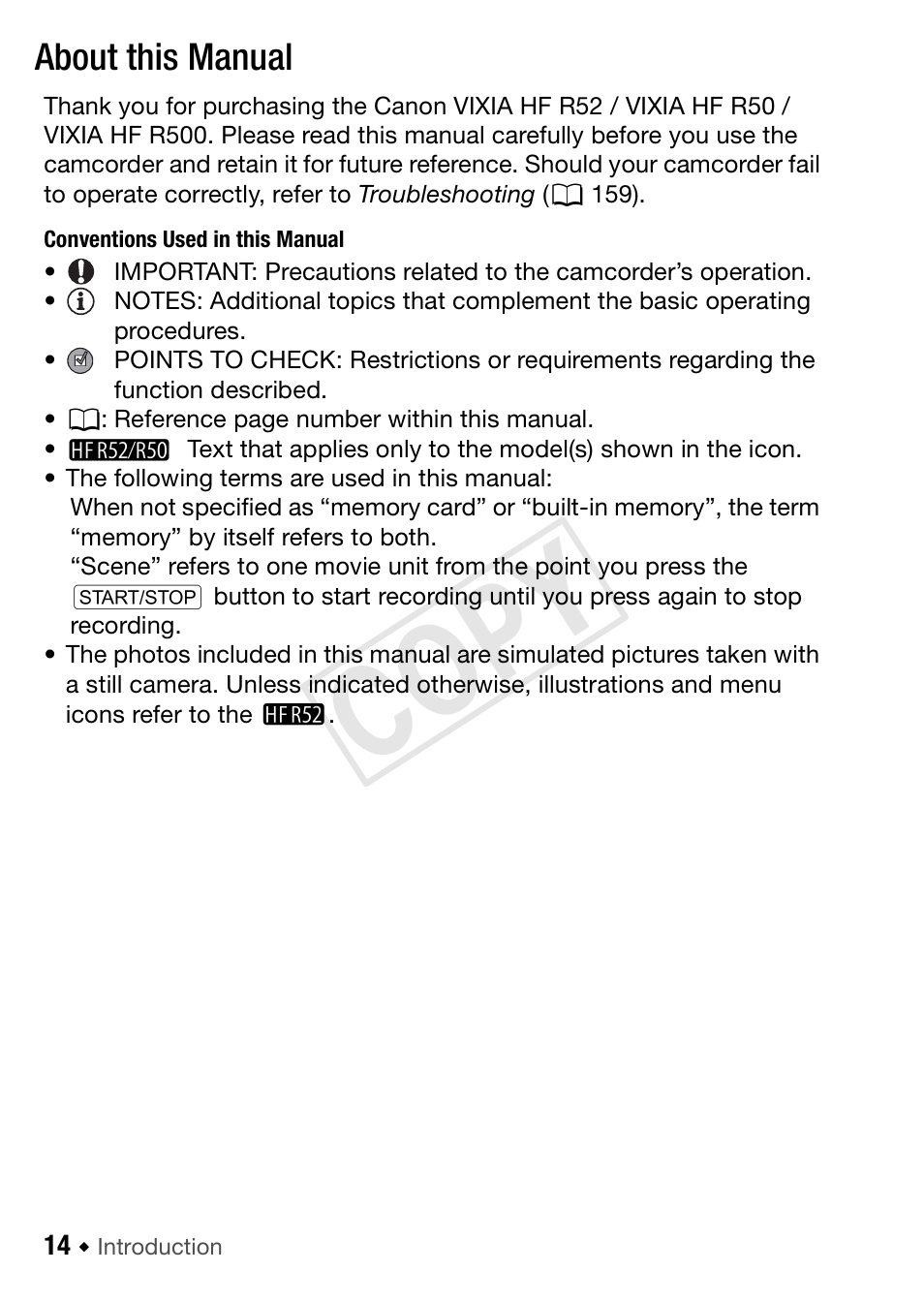 About this manual, Cop y | Canon VIXIA HF R52 User Manual | Page 14 / 200