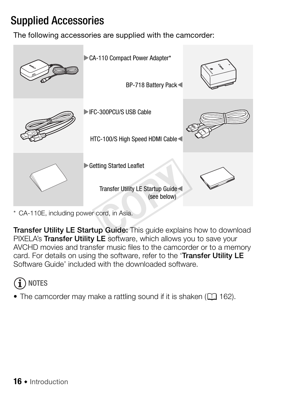 Getting to know the camcorder, Supplied accessories, Cop y | Canon VIXIA HF R52 User Manual | Page 16 / 200