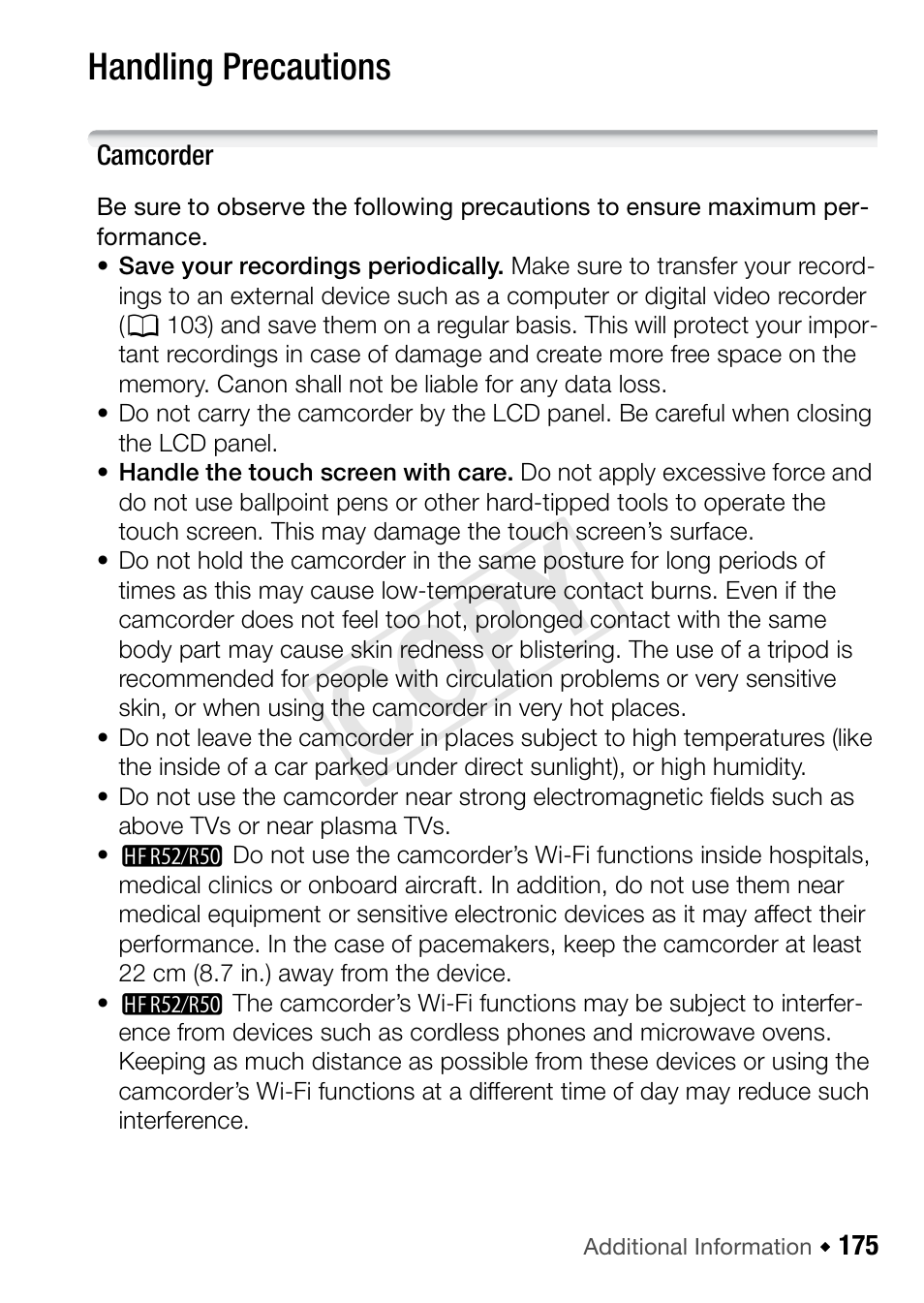 Do’s and don’ts, Handling precautions, 175 do’s and don’ts | Cop y | Canon VIXIA HF R52 User Manual | Page 175 / 200