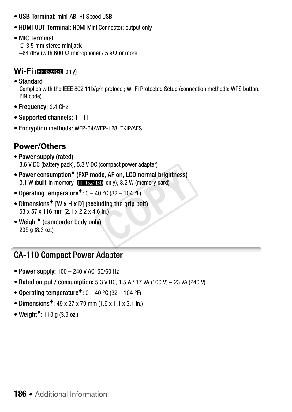 Cop y, Ca-110 compact power adapter | Canon VIXIA HF R52 User Manual | Page 186 / 200