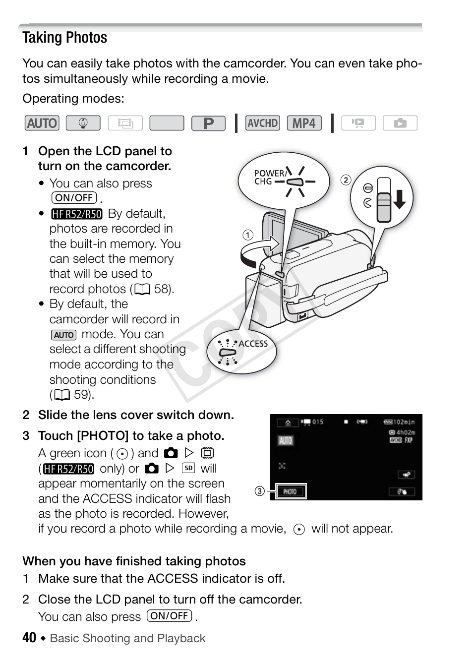 Taking photos, Cop y | Canon VIXIA HF R52 User Manual | Page 40 / 200