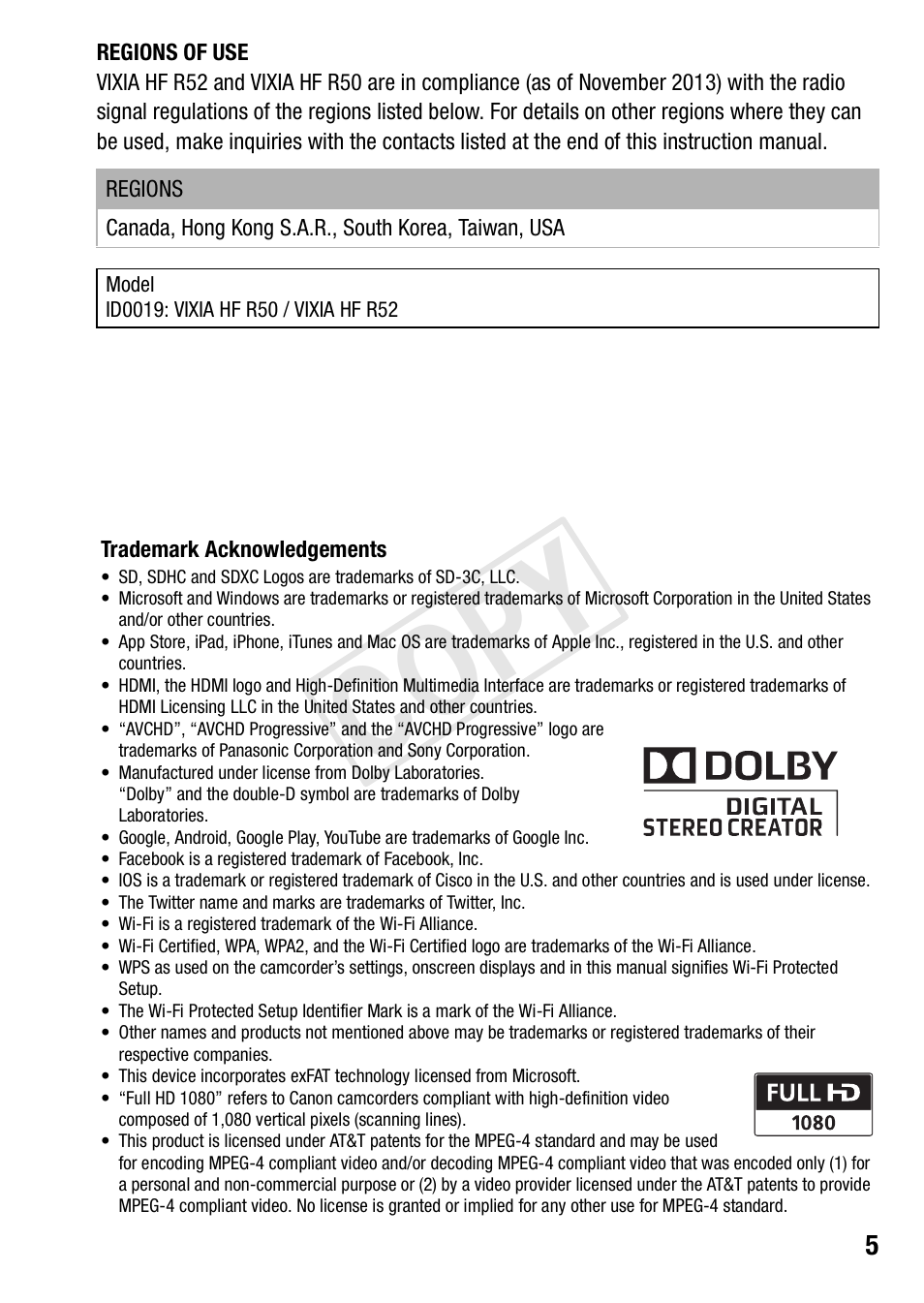 Cop y | Canon VIXIA HF R52 User Manual | Page 5 / 200