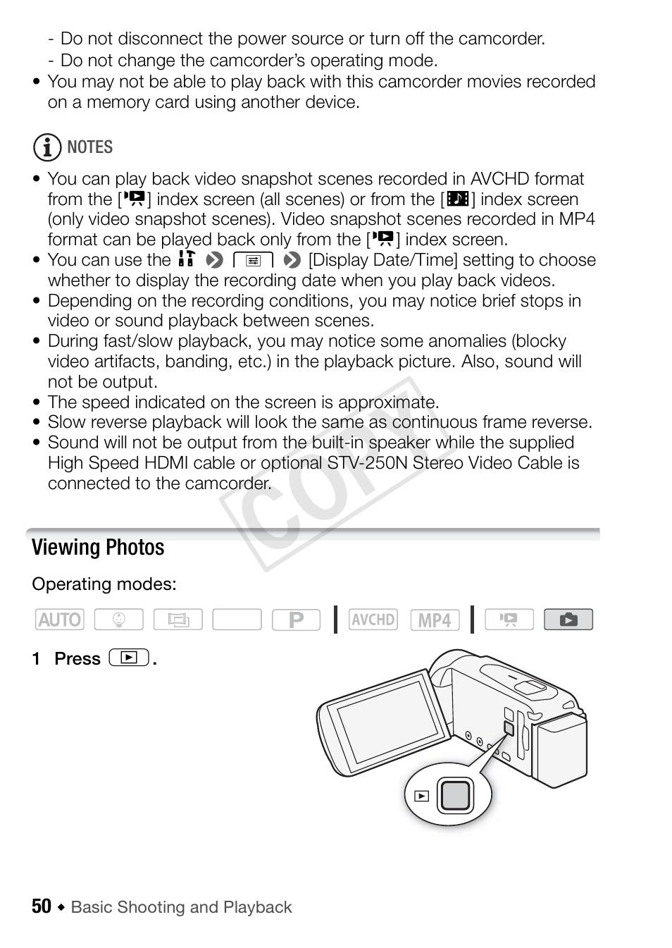 Viewing photos, Cop y | Canon VIXIA HF R52 User Manual | Page 50 / 200