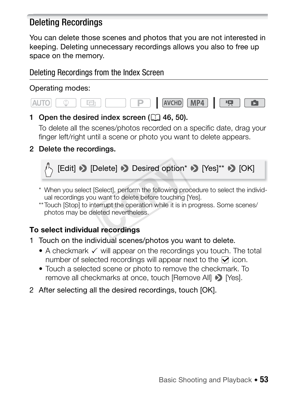 Deleting recordings, Cop y | Canon VIXIA HF R52 User Manual | Page 53 / 200