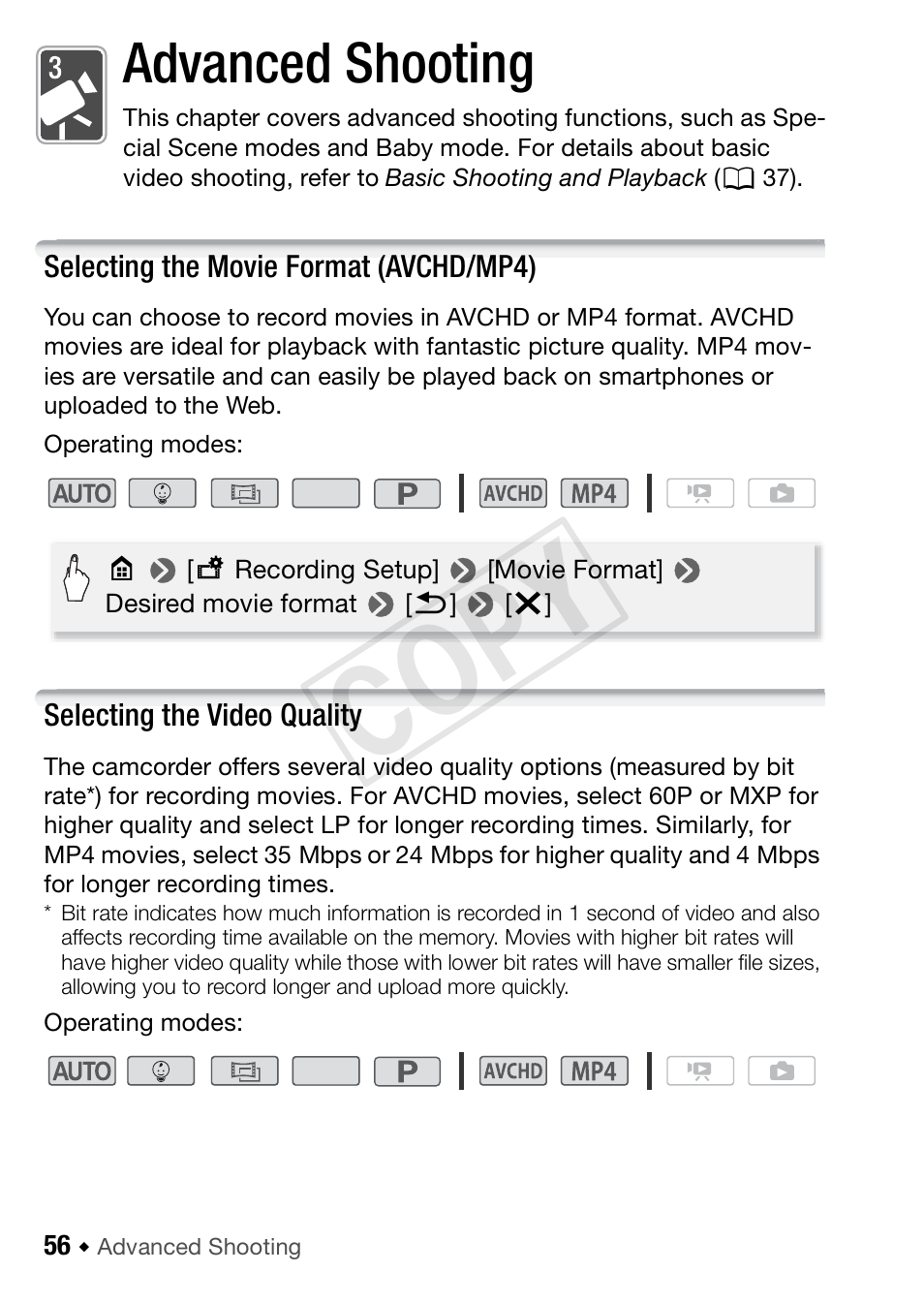 Advanced shooting, Selecting the movie format (avchd/mp4), Selecting the video quality | Cop y | Canon VIXIA HF R52 User Manual | Page 56 / 200