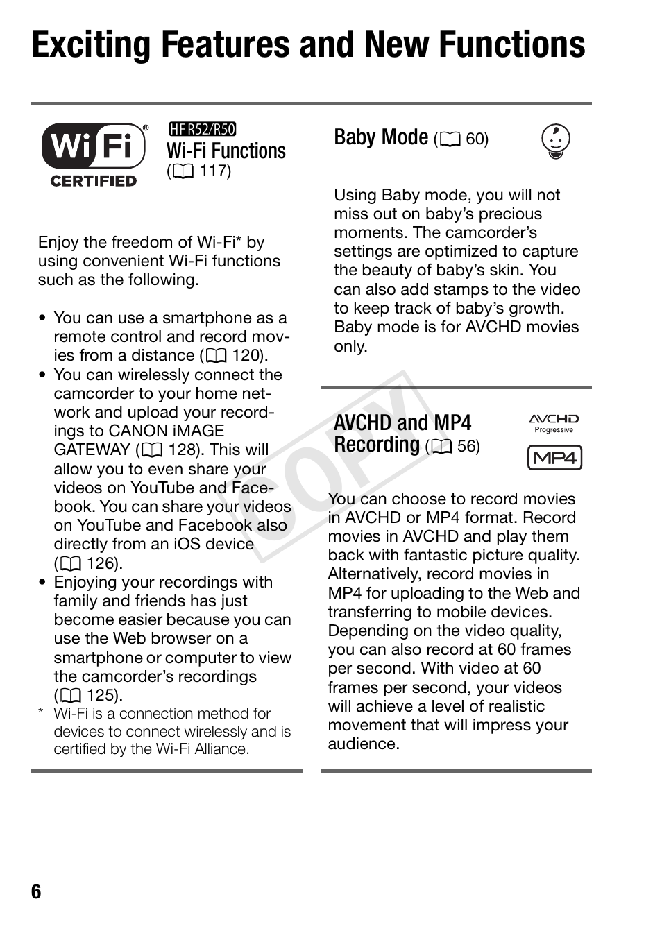 Exciting features and new functions, Cop y | Canon VIXIA HF R52 User Manual | Page 6 / 200