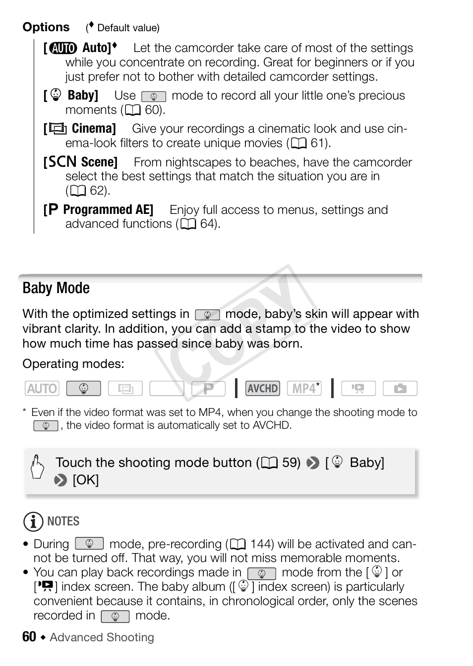 Baby mode, Cop y | Canon VIXIA HF R52 User Manual | Page 60 / 200