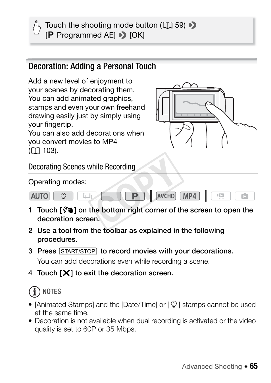 Decoration: adding a personal touch, Cop y | Canon VIXIA HF R52 User Manual | Page 65 / 200