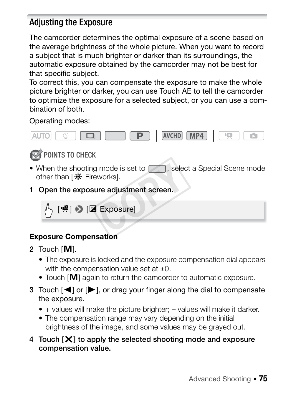 Adjusting the exposure, Cop y | Canon VIXIA HF R52 User Manual | Page 75 / 200