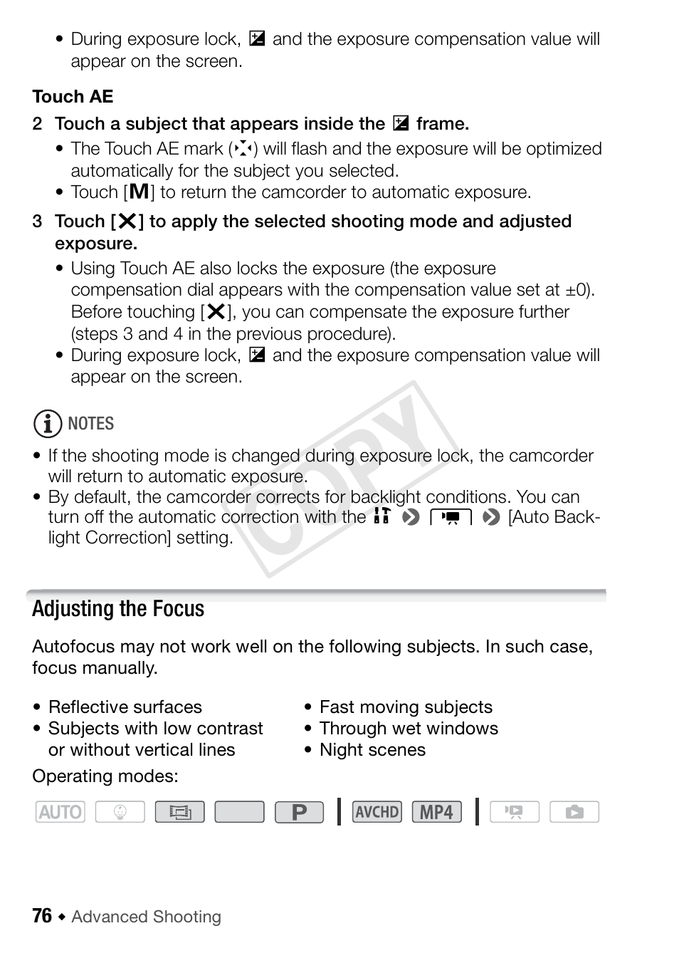 Adjusting the focus, Cop y | Canon VIXIA HF R52 User Manual | Page 76 / 200