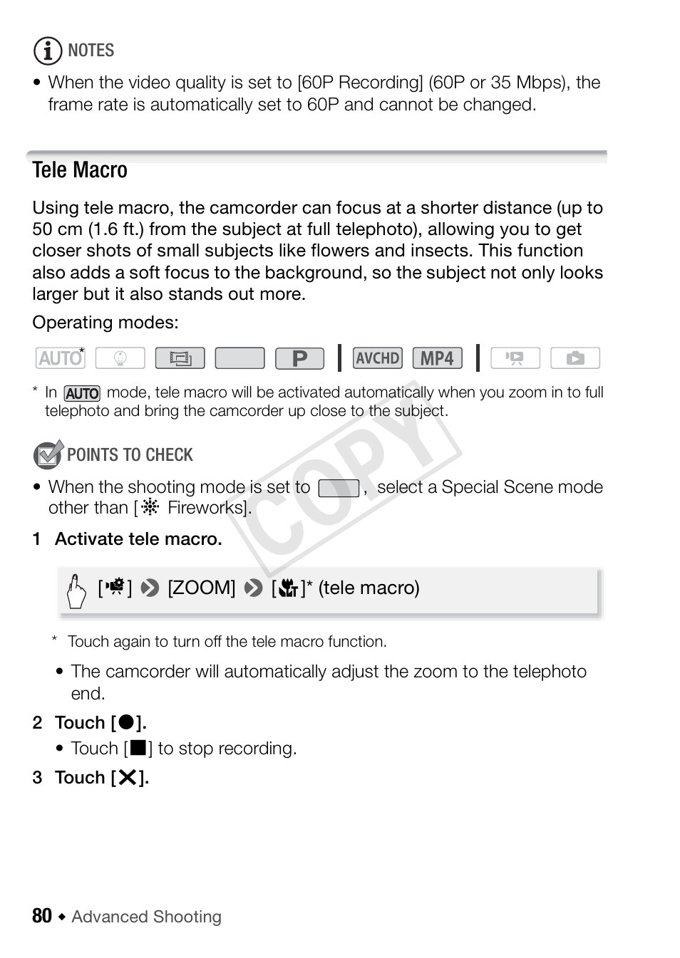 Tele macro, Cop y | Canon VIXIA HF R52 User Manual | Page 80 / 200