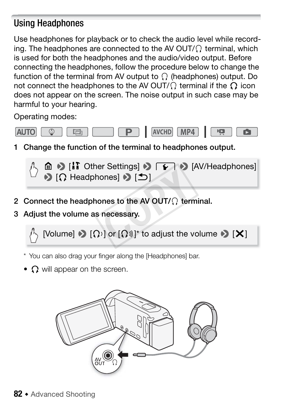 Using headphones, Cop y | Canon VIXIA HF R52 User Manual | Page 82 / 200