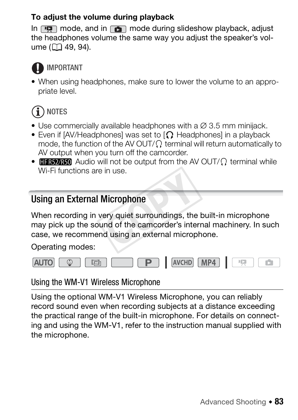 Using an external microphone, Cop y | Canon VIXIA HF R52 User Manual | Page 83 / 200