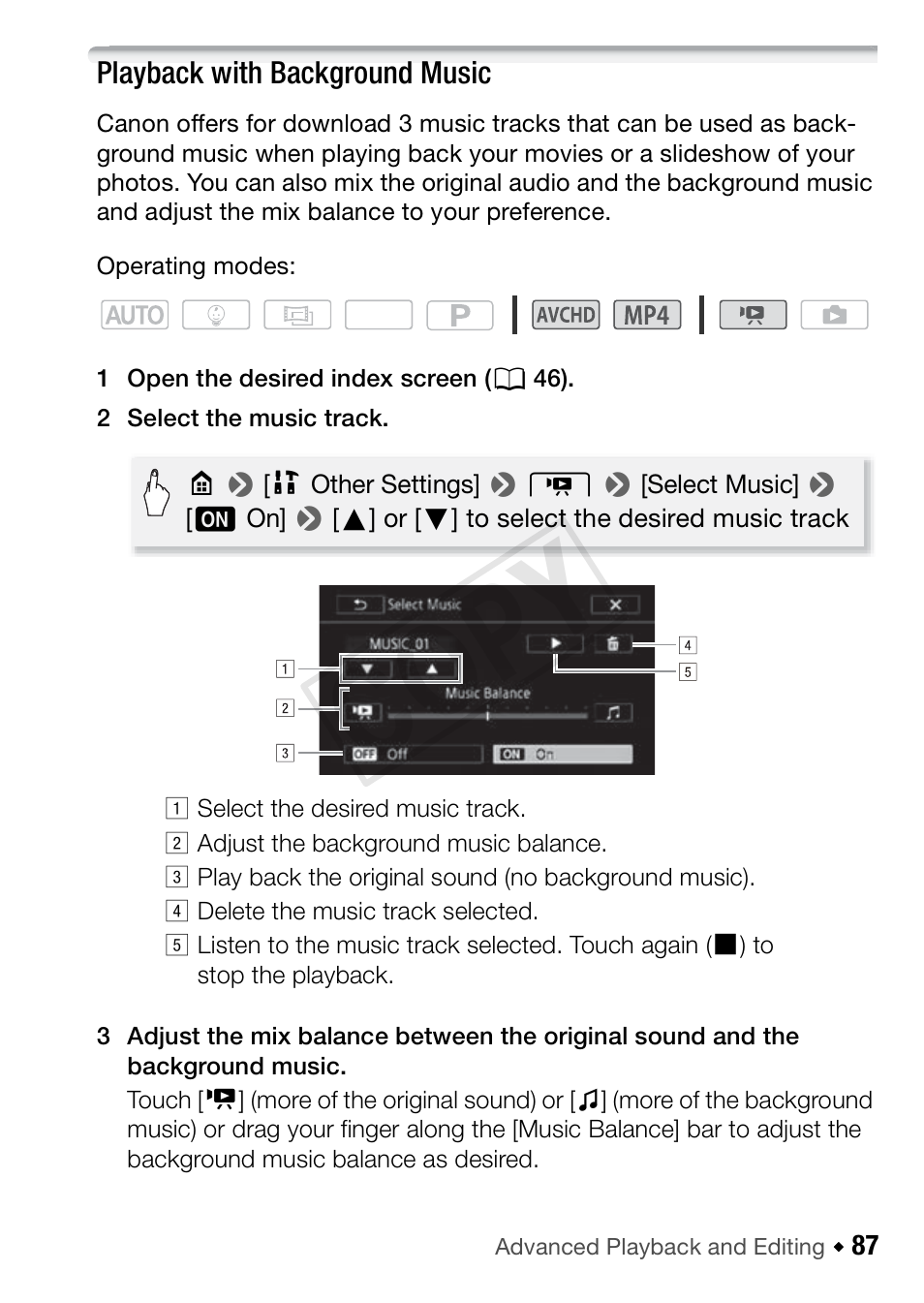 Playback with background music, 87) c, Cop y | Canon VIXIA HF R52 User Manual | Page 87 / 200