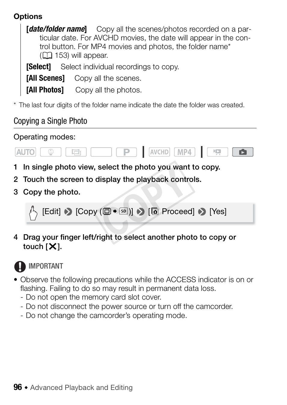 Cop y | Canon VIXIA HF R52 User Manual | Page 96 / 200