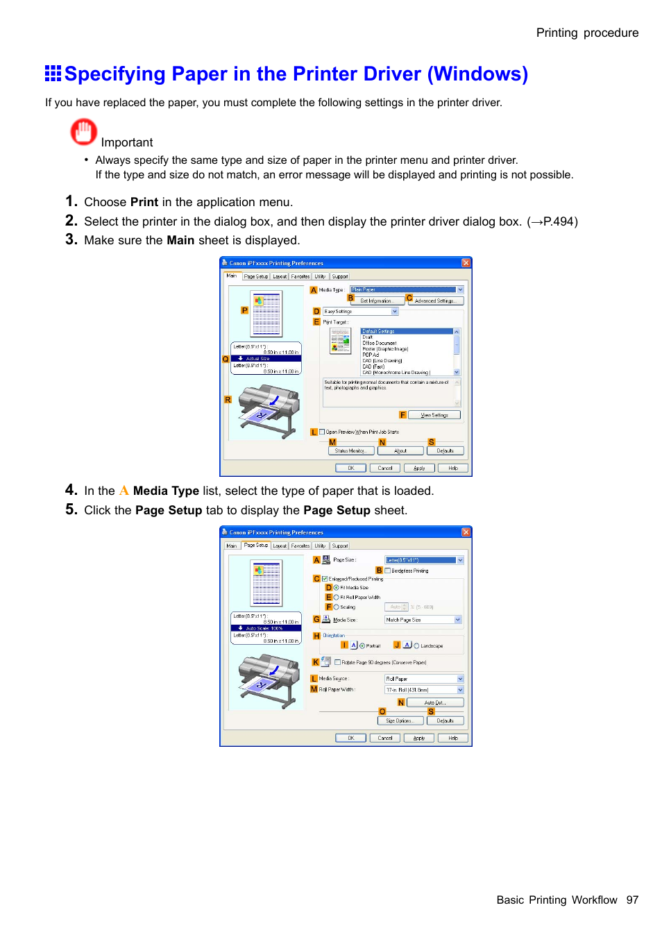 Specifying paper in the printer driver (windows) | Canon imagePROGRAF iPF610 User Manual | Page 111 / 746