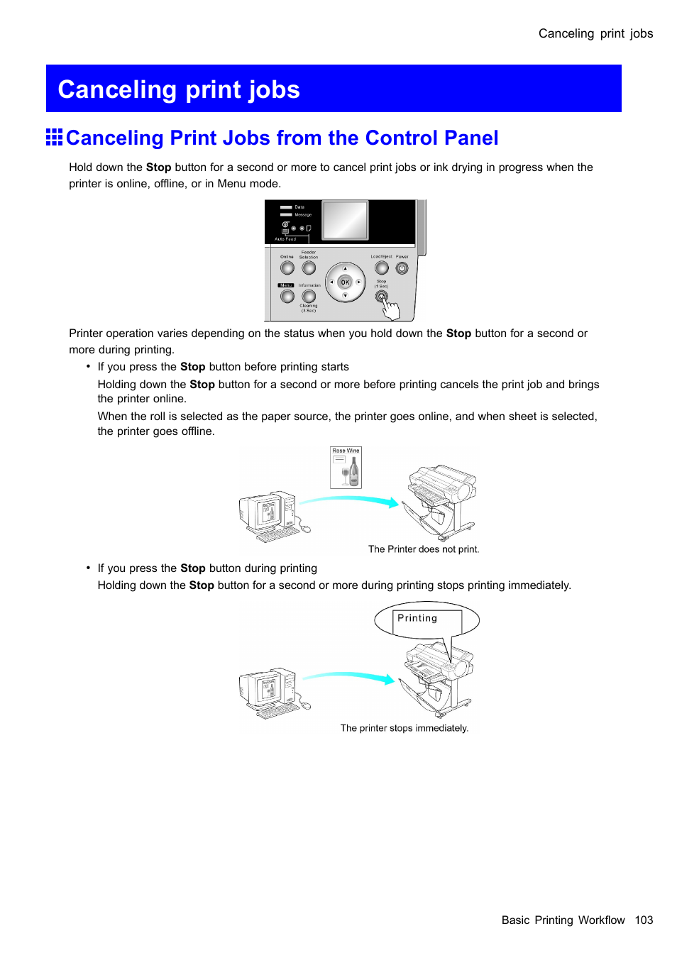 Canceling print jobs, Canceling print jobs from the control panel | Canon imagePROGRAF iPF610 User Manual | Page 117 / 746